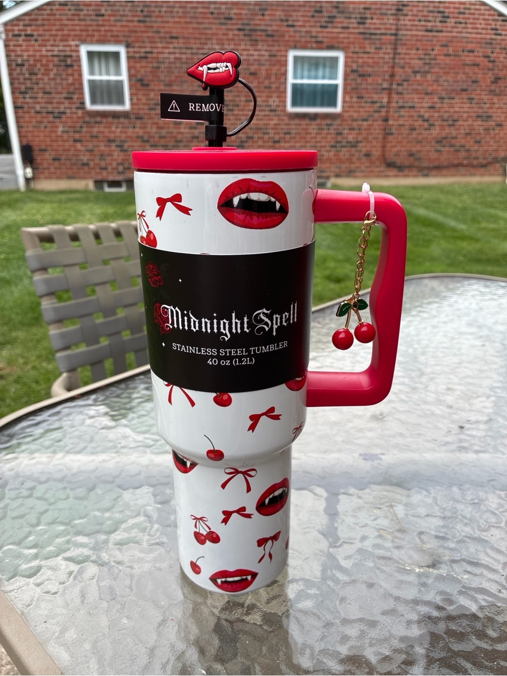 Midnight Spell 40oz Stainless Steel Tumbler – White with Red Cherry & Lip Design